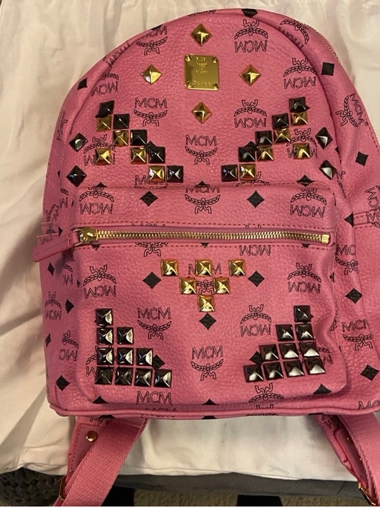 MCM Handbags - MCM Pink Leatherette Logo Studded Bag with Gold Hardware